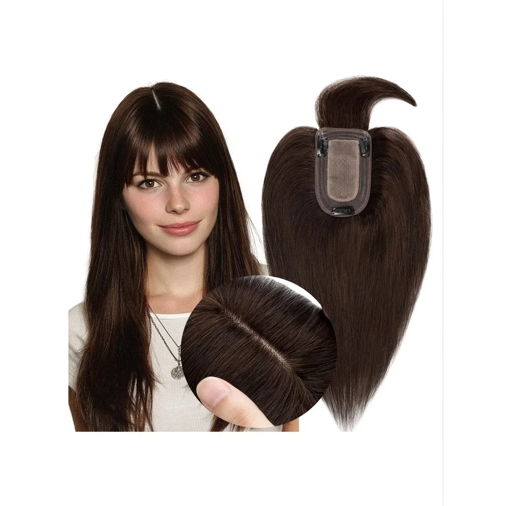 MY-LADY Human Hair Topper with Bangs 18 Inch Dark Brown Silk Base Remy Hairpiece